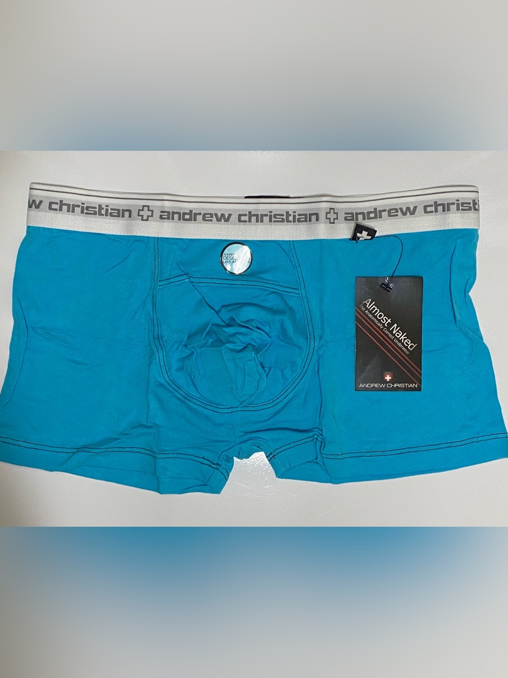 NWT! Andrew Christian Almost Naked Boxer Briefs MED AQUA
